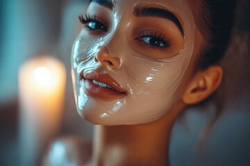 Wall Mural - Radiant Young Woman with Facial Mask in Spa Setting, Illuminated by Candlelight