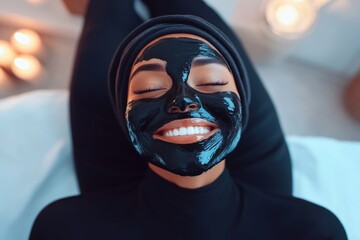 Wall Mural - Relaxed Woman Enjoying Spa Treatment with Black Face Mask and Candlelight Ambiance