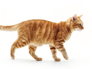 Orange cat walking gracefully across a white surface