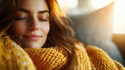 This close-up image focuses on a person clad in a yellow knit sweater, basking in the warm light of sunset, evoking feelings of coziness and warmth.