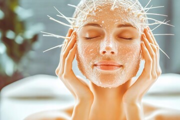 Wall Mural - Relaxed Woman Enjoying Rejuvenating Facial Mask Treatment at Spa