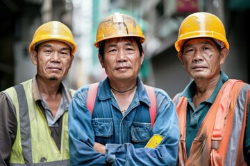 Three men in safety gear pose on a construction site