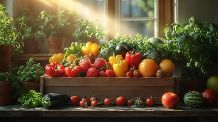 Wall Mural - Fresh organic vegetables in wooden crate with sunlight - generative ai