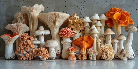 A colorful and detailed collection of edible mushrooms on a neutral background.