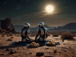 Wall Mural - Realistic scene: humanoids picnicking on a barren planet with a dark, alien sky.