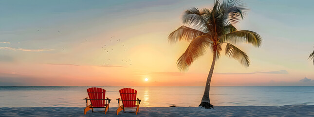 Poster - Palm Tree Sunset Beach Chairs