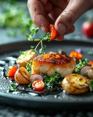 Sticker - High-end cuisine dish with grilled scallop served on a stylish dark plate. Chef garnishes with fresh herbs, tomatoes, and roasted potatoes. Ideal for gourmet food blogs and culinary magazines. AI