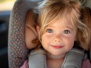 Canvas Print - A little girl with blonde hair and big eyes smiles at the camera. AI.