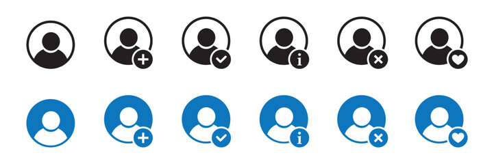 Poster - User icon collection. Person profile avatar with plus, check mark, user information, heart, Add user. Add account symbol. Person profile avatar vector illustration.