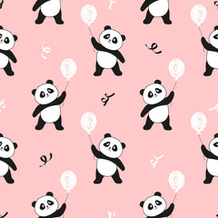 Wall Mural - Seamless pattern with cute panda bears and balloons. Vector children background