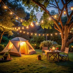 cozy camping setup with garlands lighting up the garden at night, featuring a tent and a table adorn