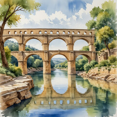 Wall Mural - Watercolor illustration of the Pont du Gard in the South of France. Capture the grandeur of this ancient Roman aqueduct bridge spanning the Gardon River.