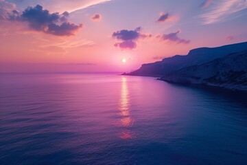 Aufkleber - beautiful sunset over the ocean with beach and buildings, Drone photograph with all the color radiance of splendid sunrise over calm sea