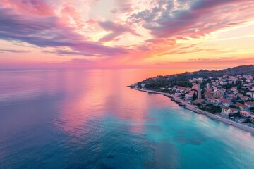 beautiful sunset over the ocean with beach and buildings, Drone photograph with all the color radiance of splendid sunrise over calm sea