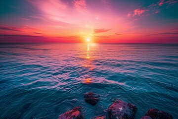 Aufkleber - beautiful sunset over the ocean with beach and buildings, Drone photograph with all the color radiance of splendid sunrise over calm sea