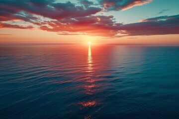 Aufkleber - beautiful sunset over the ocean with beach and buildings, Drone photograph with all the color radiance of splendid sunrise over calm sea