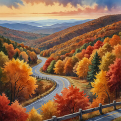 Wall Mural - Watercolor illustration of Shenandoah National Park in Virginia during the autumn season. The scene showcase the park’s rolling Blue Ridge Mountains covered in a vibrant mosaic of fall colors