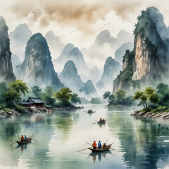 Wall Mural - Watercolor illustration of the Li River in Guilin. Capture the serene beauty of this iconic river as it winds through the dramatic karst mountains.