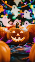 Sticker - A pumpkin carved into a jack-o'-lantern with lights shining through it, AI