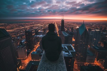 Poster - man sitting on ledge looking at the city, Looking over sprawling city from top of skyscraper at dusk