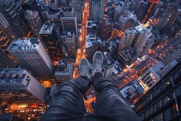 Poster - man sitting on ledge looking at the city, Looking over sprawling city from top of skyscraper at dusk
