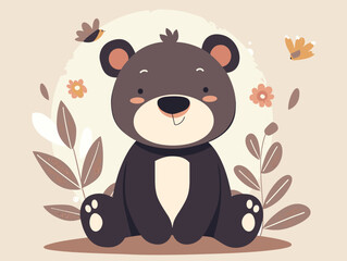 Wall Mural - Cute cartoon bear sitting in the meadow. Vector illustration.