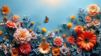  spring or summer day background. Crocheted spring Scene with Flowers, Butterfly, and Sun on Aquamarine Background