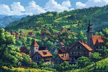 painting of village with church and church tower, Pixel art rendition of quaint village nestled among rolling hills