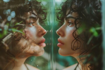 Poster - couple of people standing next to each other, girl looking at her reflection in pond