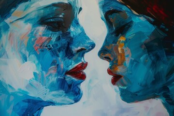 Leinwandbilder - couple of people standing next to each other, girl looking at her reflection in pond