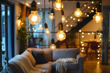 Aufkleber - living room with couch and lot of lights, Replacing traditional bulbs with energy-saving LED lights in home setting
