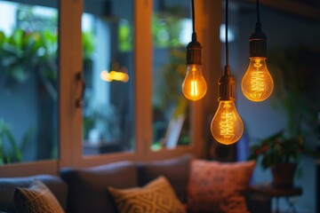 Aufkleber - living room with couch and lot of lights, Replacing traditional bulbs with energy-saving LED lights in home setting