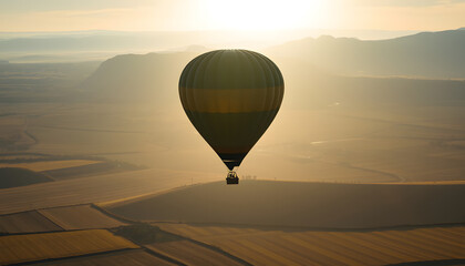 Panoramic View of Hot Air Balloon Aircraft Shadow Silhouette Flying over Fields, Portugal isolated with white highlights, png