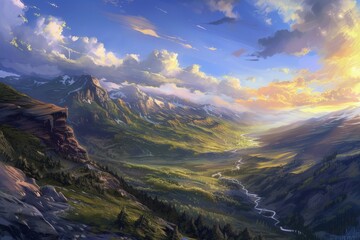 Aufkleber - view from mountain peak, overlooking serene valley with flowing river