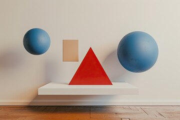 Fototapete - 3D geometric shapes with minimal background, a circle, a triangle, and a square, floating on a white canvas