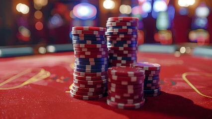 Gambling Chips Stacked in Casino Setting