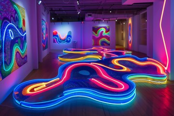 Fototapete - Undulating waves of electric neon lights forming dazzling abstract pattern