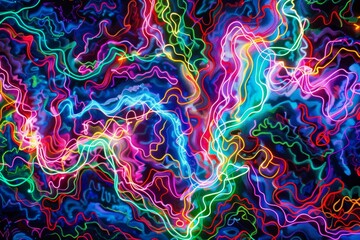 Fototapete - Undulating waves of electric neon lights forming dazzling abstract pattern