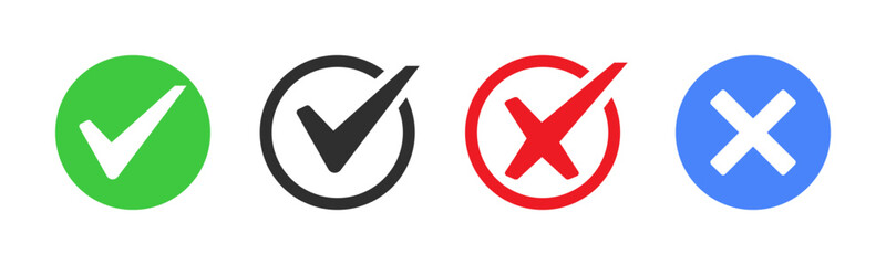 Poster - tick mark icon button set check box correct right wrong buttons or yes or no checkmark red cross green tick colorful vector illustration positive negative remove error true false