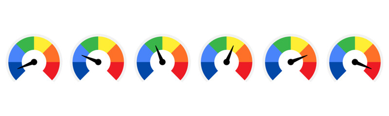 Poster - Risk meter vector illustration set color indicated from low to high minimum maximum customer satisfaction speedometer rating level measurement arrow