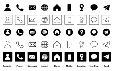 Poster - Icon set phone, contact, web, home, email, location, send, share, chat, message, telephone, browser, address, mobile, communication editable vector icon collection