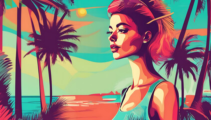 Pop Art Abstract Woman on a Tropical Beach Vacation Travel