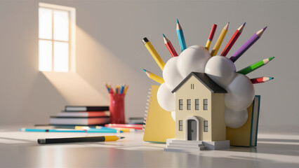 Poster - A house shaped pencil holder with a bunch of colored pencils in it, AI