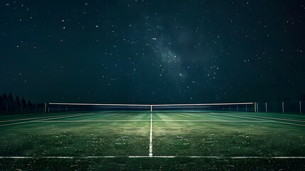 Wall Mural - A tennis court at night with a bright light shining on the net