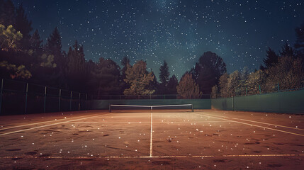 Wall Mural - A tennis court at night with a bright light shining on the net