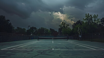 Wall Mural - a tennis court is shown in the rain with a dark sky above