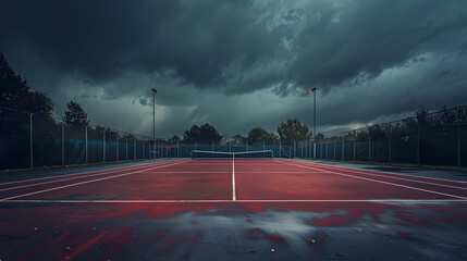 Wall Mural - a tennis court is shown in the rain with a dark sky above