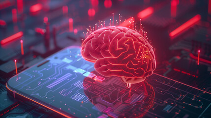Poster - 3D illustration of A red brain on the background of high-tech chips and circuits, digital technology concept.