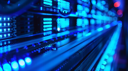 Wall Mural - Macro photo of blue neon lit stacked blade servers in data center space for text