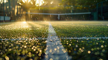 Wall Mural - A tennis court with a wet surface and a tennis ball on the ground